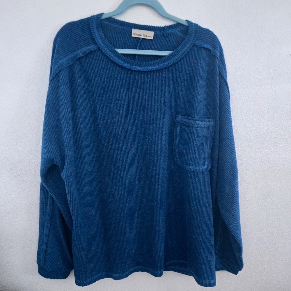 Zenana Blue Ribbed Long Sleeve Pocket Top Oversized Crew Neck HT-2221X5 2X/3X